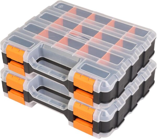 Jack Boss Tool Box with Transparent Lid, Double-Sided 34-Compartment Organizer, Orange, 2 Pack product image