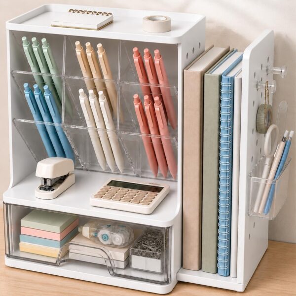 Sooez Desk Organizer with Bookends, Pegboard & Drawer product image