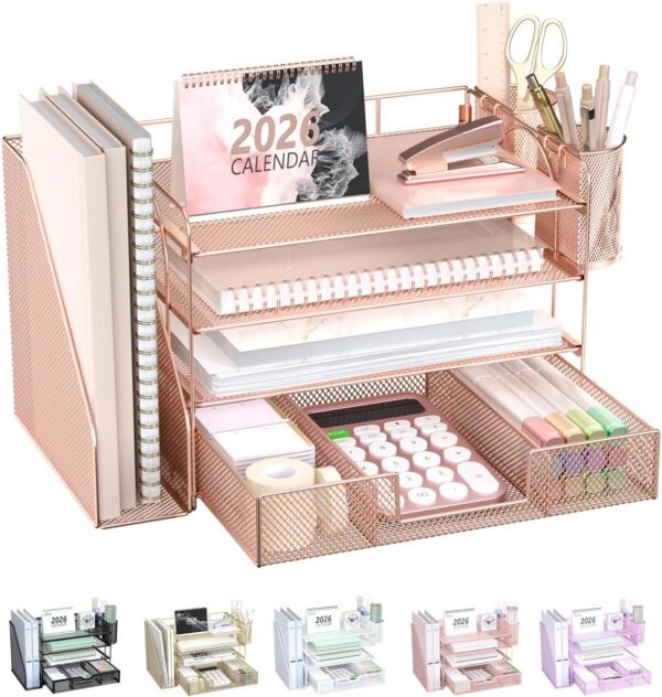 WALI Desk File Organizer, 4-Tier Desktop Paper Letter Tray Organizer with Drawer and 2 Pen Holders WALI Desk File Organizer, 4-Tier Desktop Paper Letter Tray Organizer with Drawer and 2 Pen Holders product image
