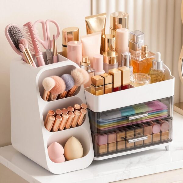 Asdbko Large Capacity Makeup Organizer Countertop with Brush Holder (White) product image