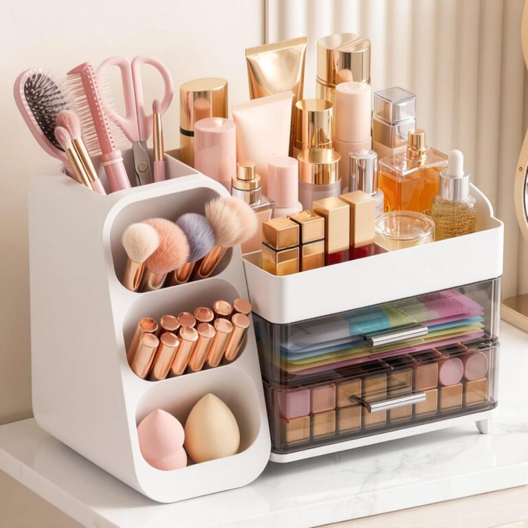 Asdbko Large Capacity Makeup Organizer Countertop with Brush Holder (White) product image