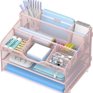 OrgMate 3 Tier Mesh Paper Desk Organizer with Pen Holders, Pink product image