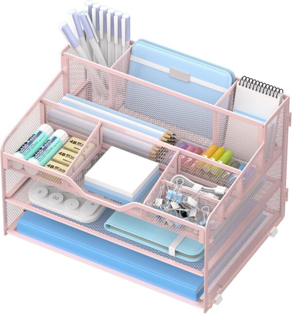 OrgMate 3 Tier Mesh Paper Desk Organizer with Pen Holders, Pink product image