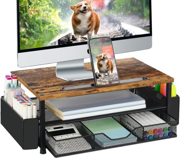 AUPSEN Wood Desk Organizer 2-Tier Monitor Stand Riser with Drawer product image