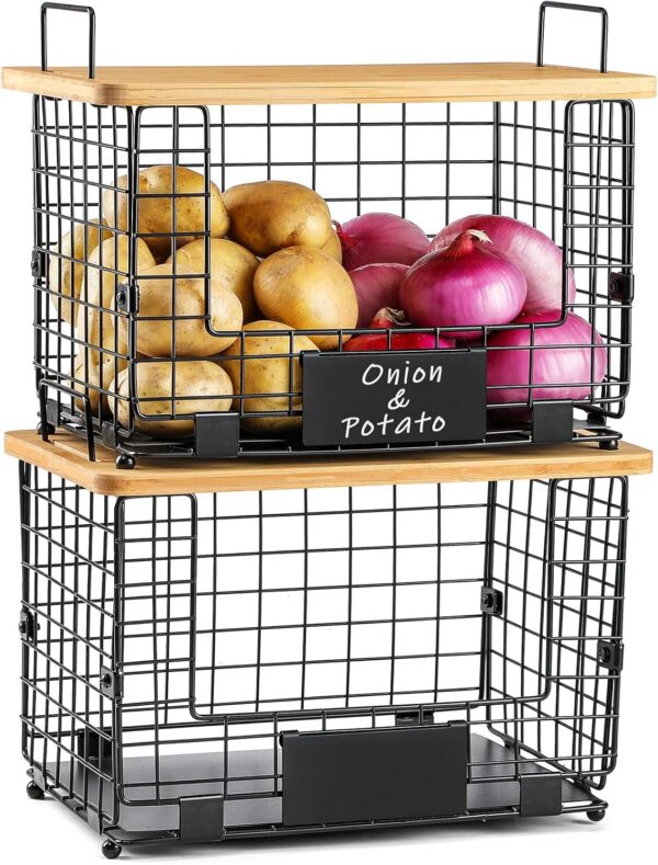 AOZITA XL Stackable Wire Basket Set with Bamboo Tops product image