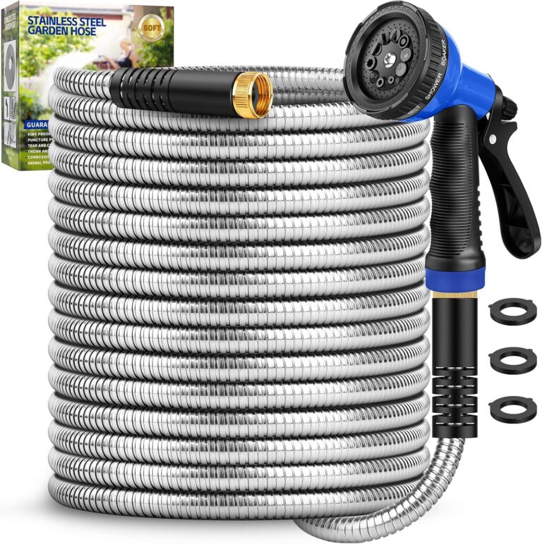 GAGALUGEC 50ft Stainless Steel Metal Garden Hose with 10-Mode Nozzle product image